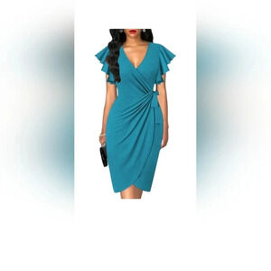Oten NWT Wrap Style  Flutter Sleeve Blue Mini Dress Size XL